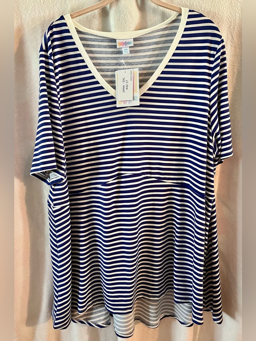 LuLaRoe Navy & White Striped V-Neck Top